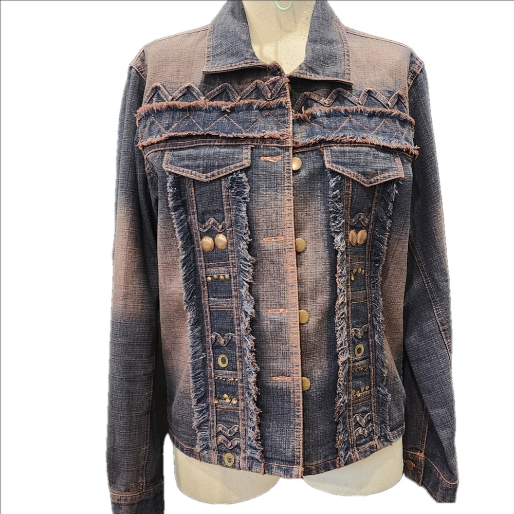 MULTIPLES Boho Chic Denim Jacket W/ Pink hues and Fringe